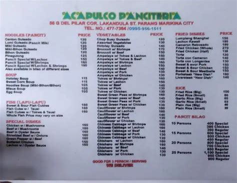Acapulco Panciteria in Marikina Menu .